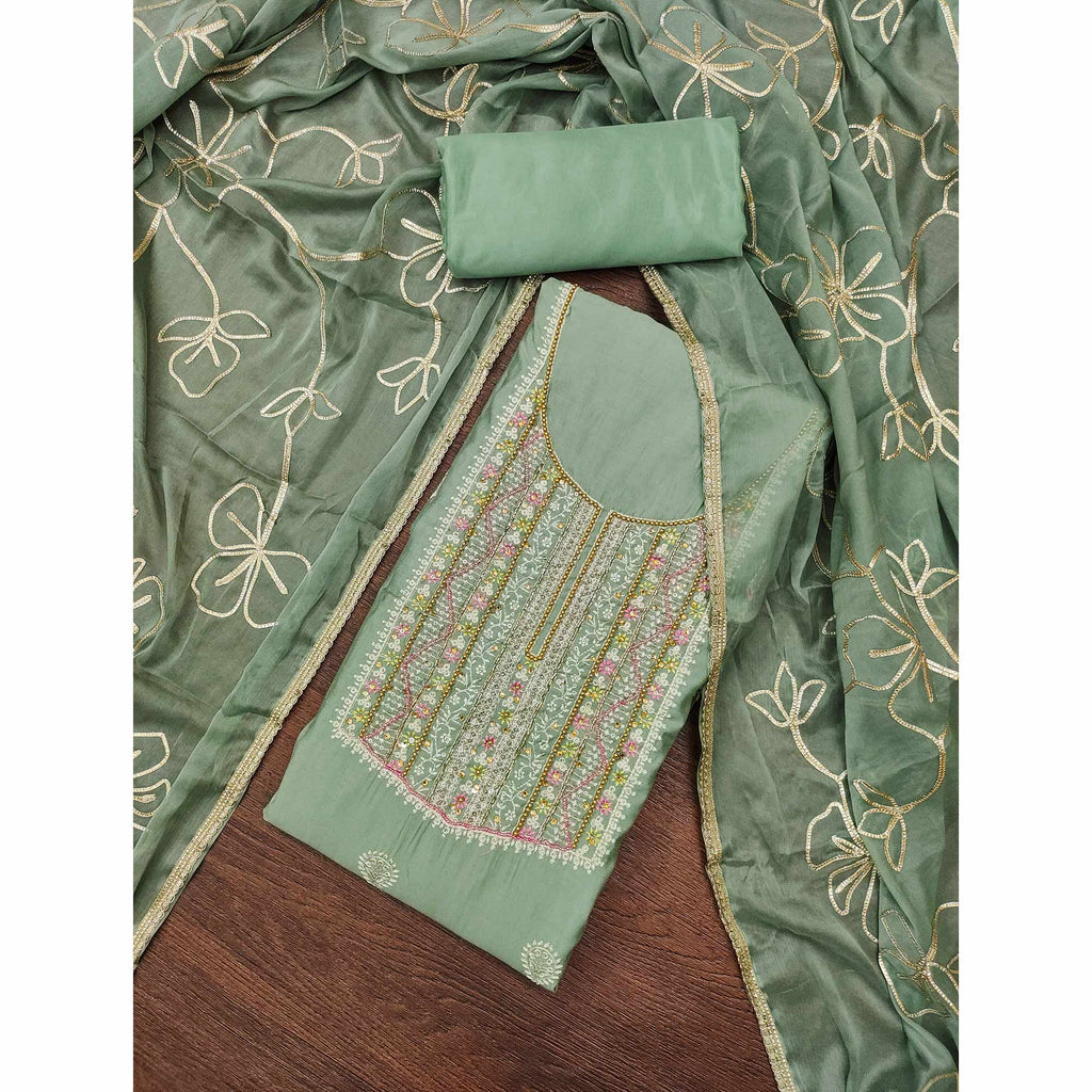 Green Floral Sequins Embroidery With Handwork Cotton Silk Dress Material