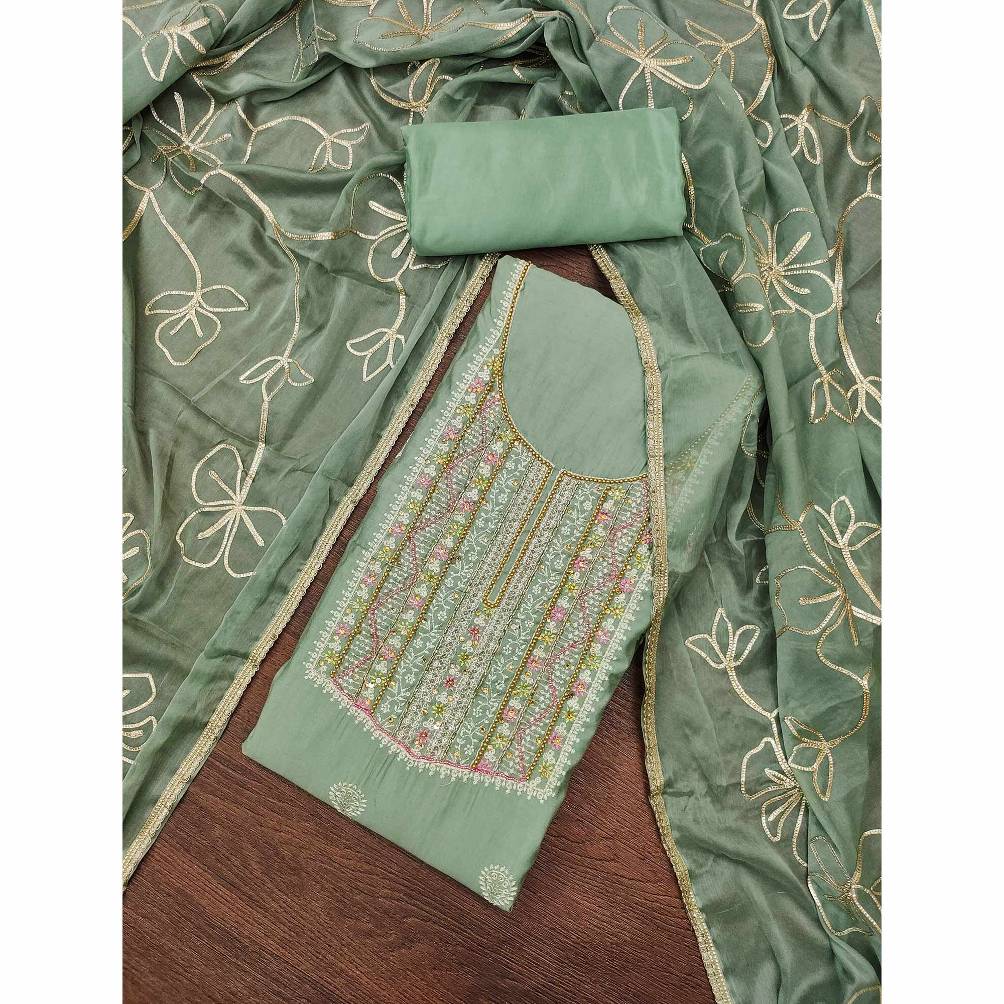Green Floral Sequins Embroidery With Handwork Cotton Silk Dress Material
