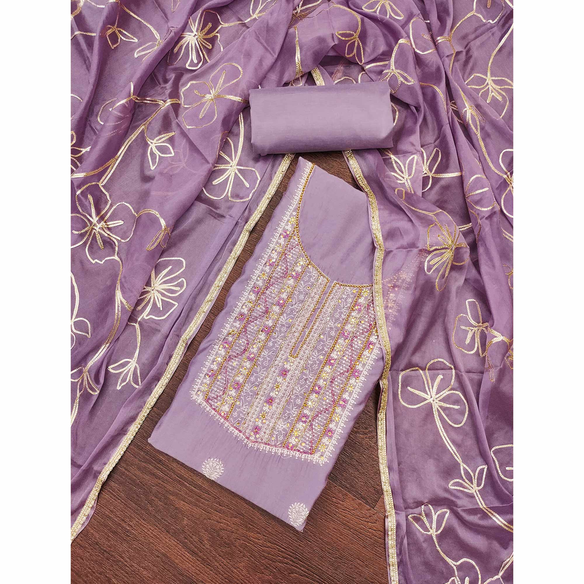 Lavender Floral Sequins Embroidery With Handwork Cotton Silk Dress Material