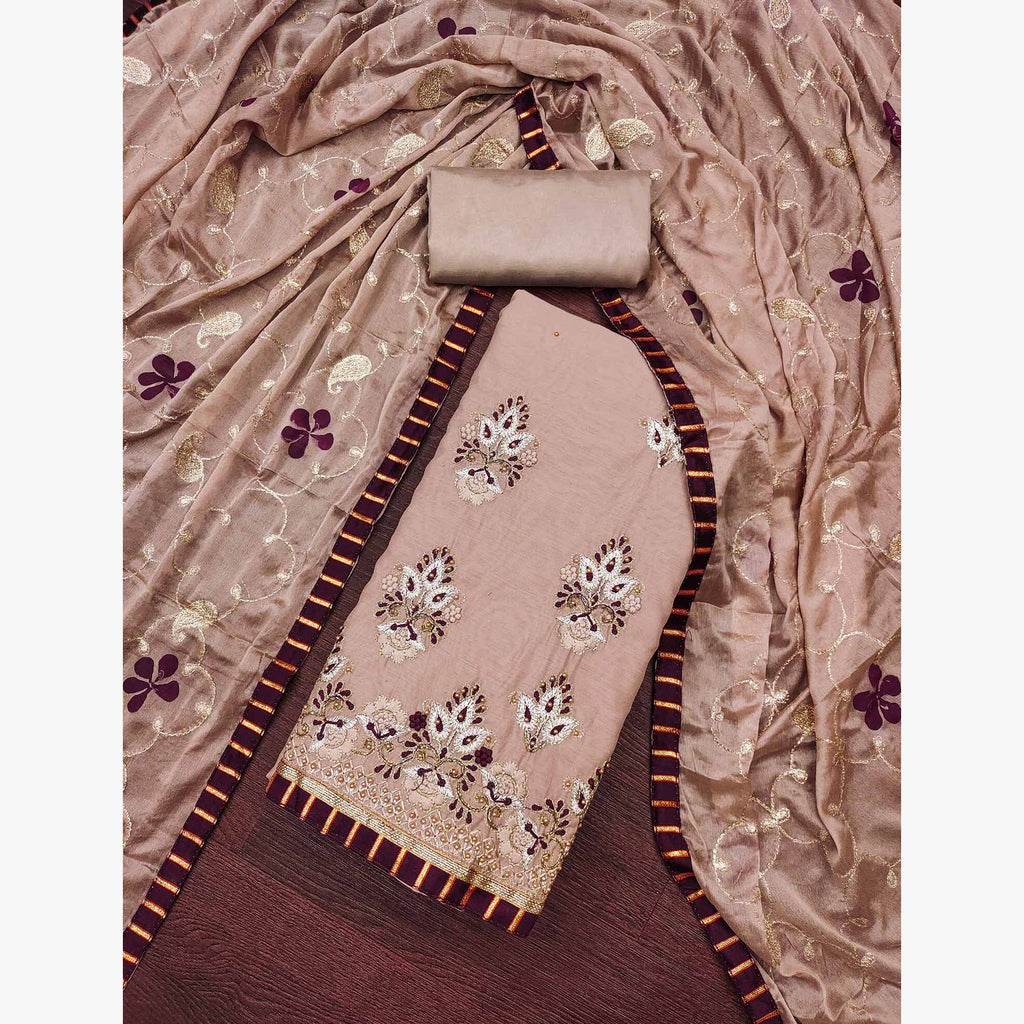 Light Brown Floral Embroidery With Moti Handwork Chanderi Silk Dress Material