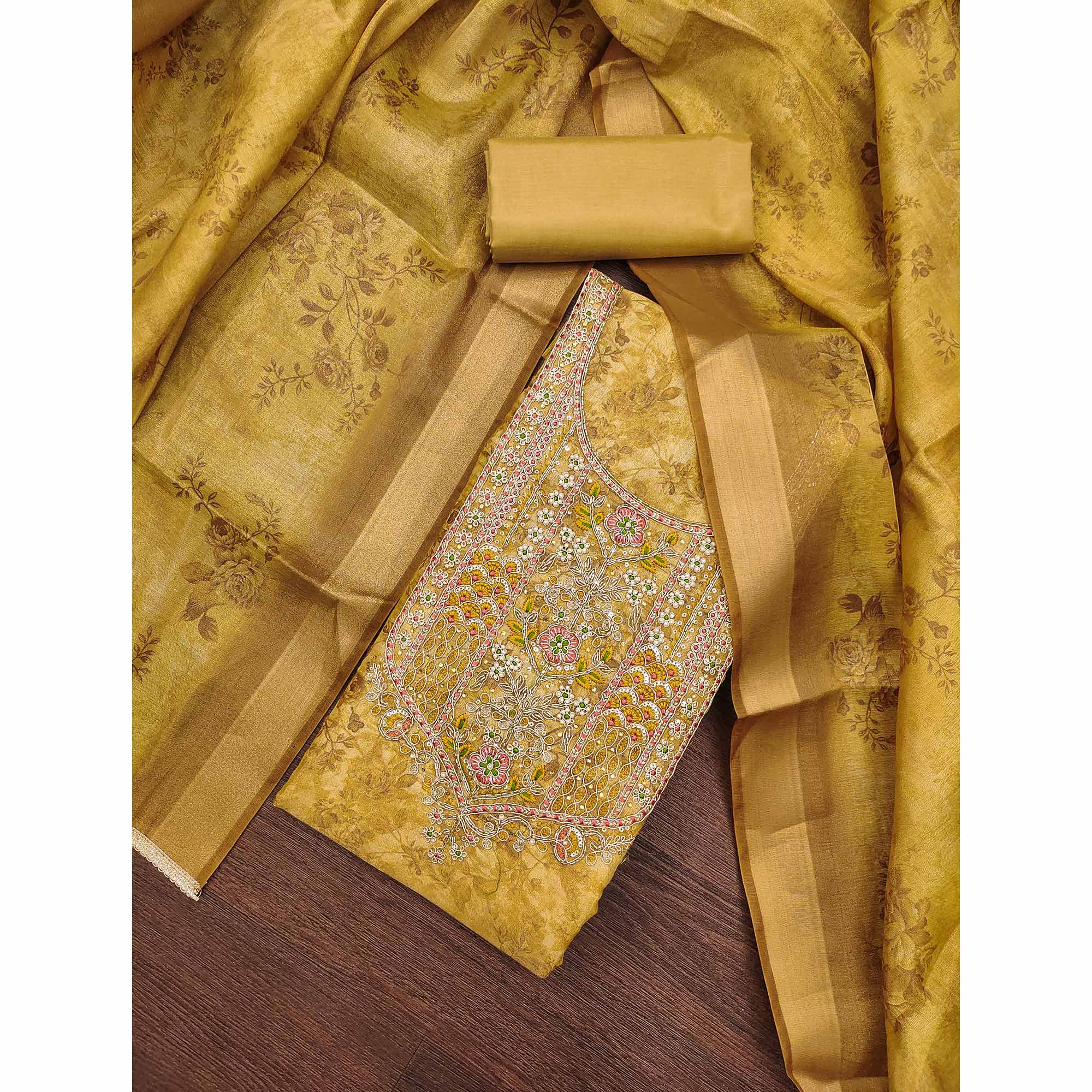 Mustard Floral Digital Printed With Moti Handwork Cotton Silk Dress Material