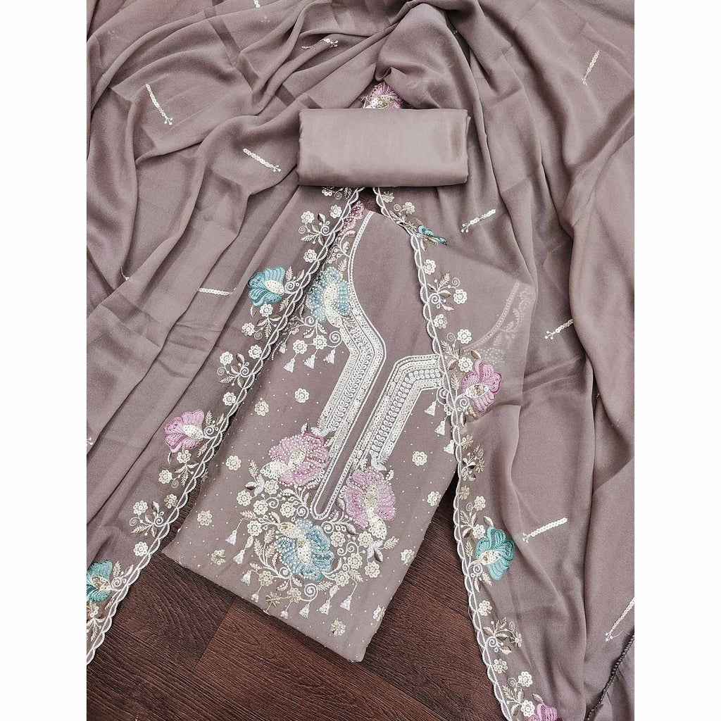 Dusty Brown Floral Sequins Embroidery With Stonework Dress Material In Viscose