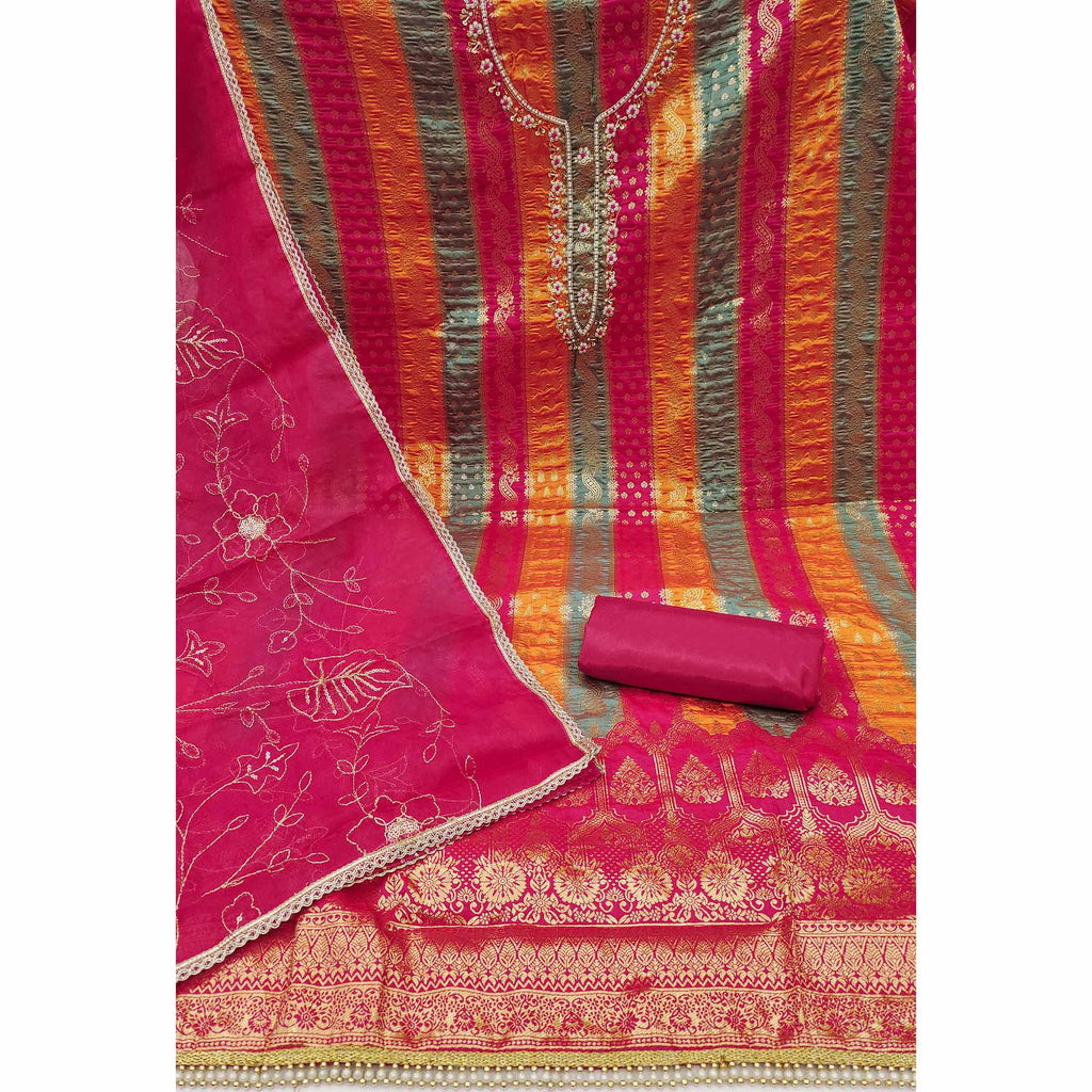 Pink Banarasi Silk Jacquard Dress Material With Floral Woven Handwork Detailing