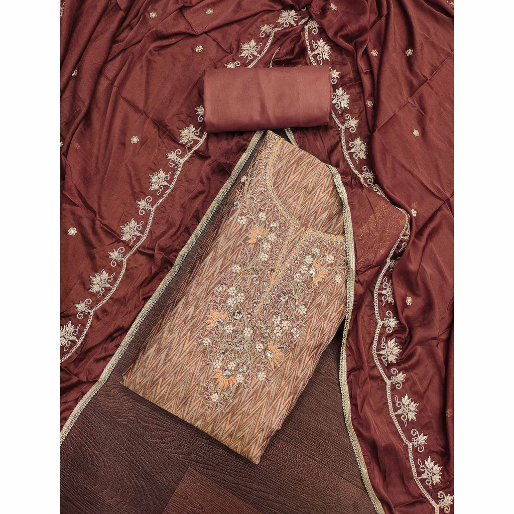 Festive Ready Brown Dress Material in Cotton Silk with Exquisite Hand Embroidery
