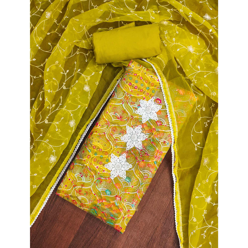 Festive Ready Lemon Green Heavy Embroidered Dress Material in Roman Cotton Silk Fabric