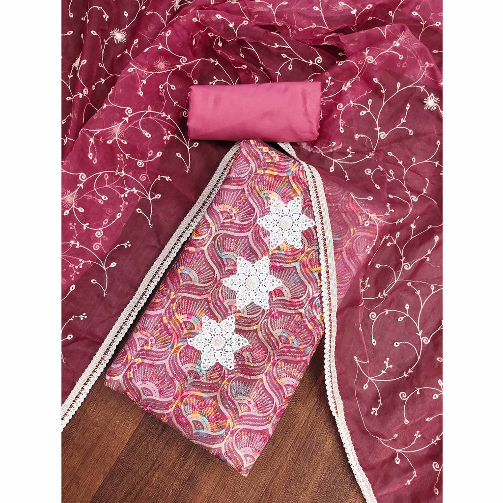 Festive Ready Pink Heavy Embroidered Dress Material in Roman Cotton Silk Fabric