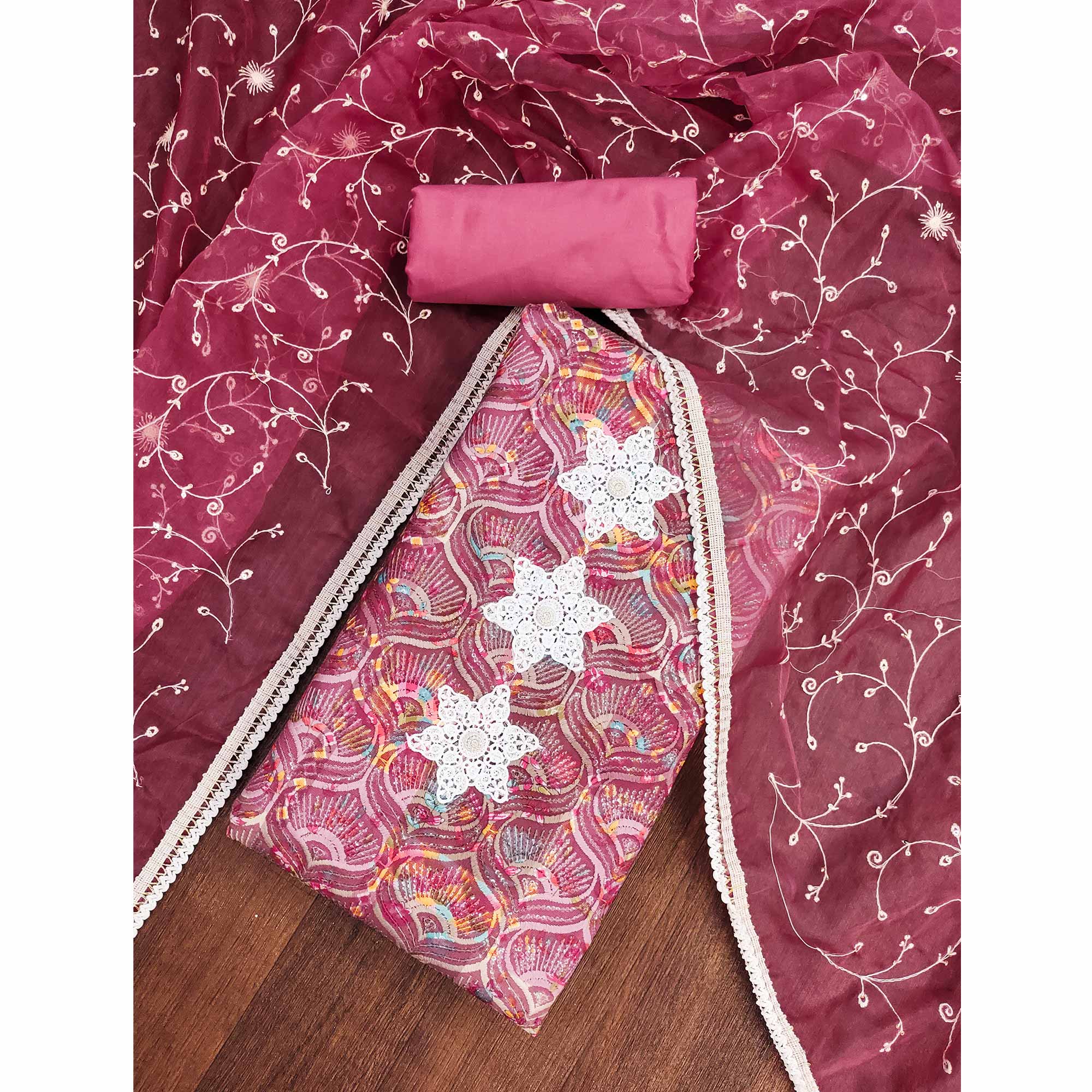 Festive Ready Pink Heavy Embroidered Dress Material in Roman Cotton Silk Fabric