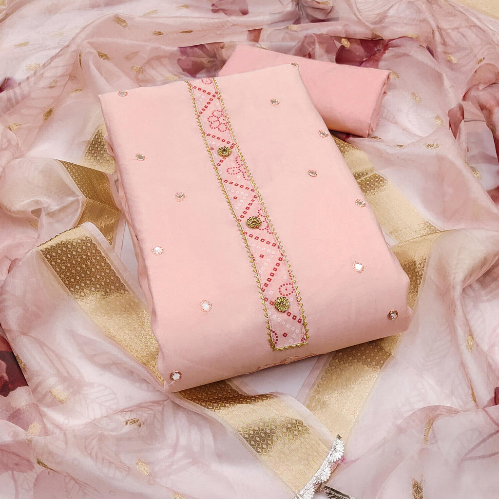 Peach Cotton Silk Dress Material With Intricate Thread Embroidery With Handwork