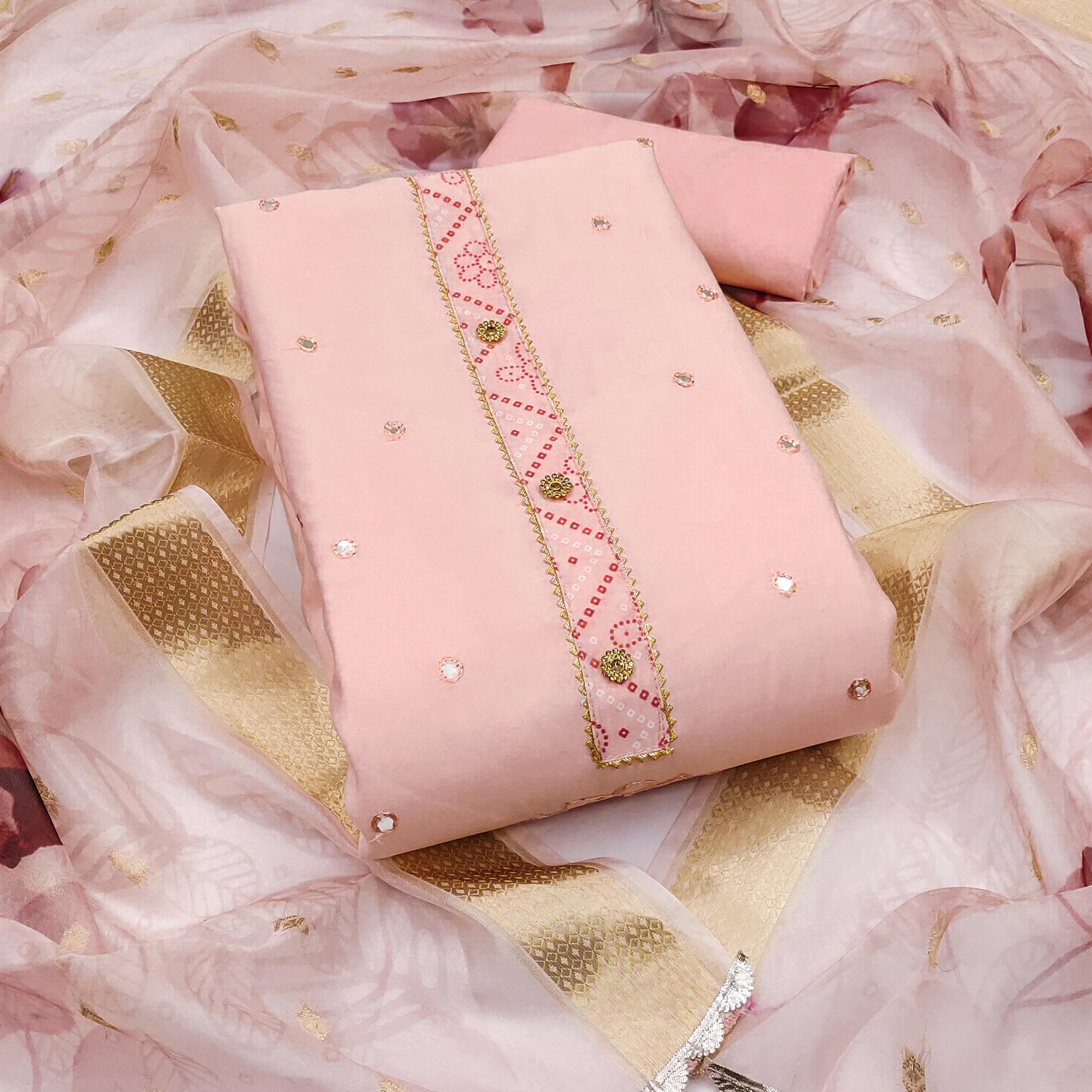 Peach Cotton Silk Dress Material With Intricate Thread Embroidery With Handwork