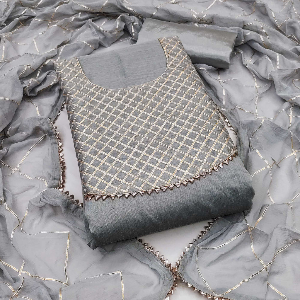 Grey Dress Material in Modal Chanderi Silk With Traditional Gota Patti Embellishments