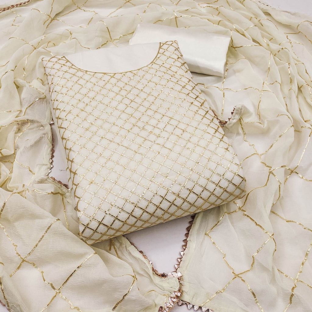 Offwhite Dress Material in Modal Chanderi Silk With Traditional Gota Patti Embellishments