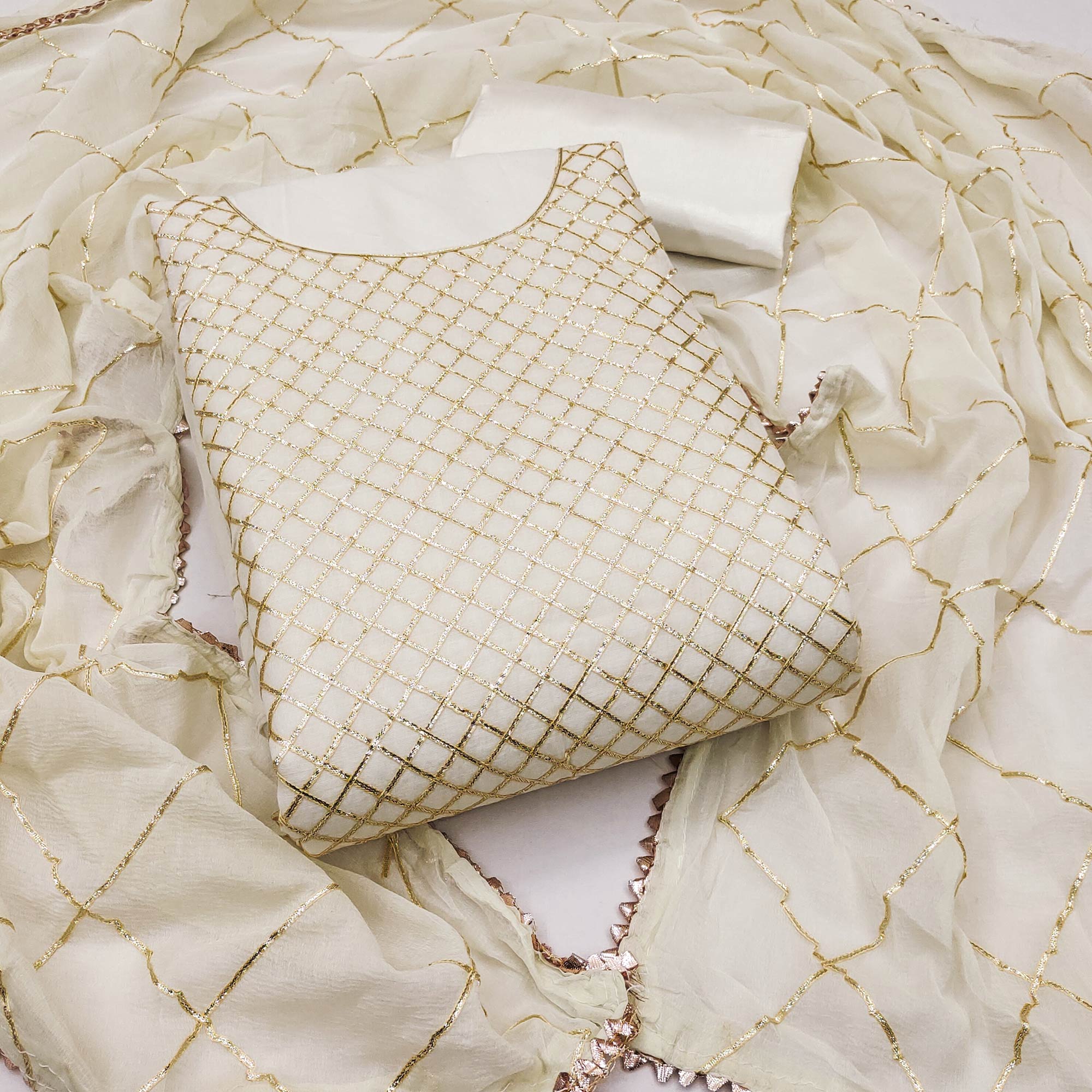 Offwhite Dress Material in Modal Chanderi Silk With Traditional Gota Patti Embellishments