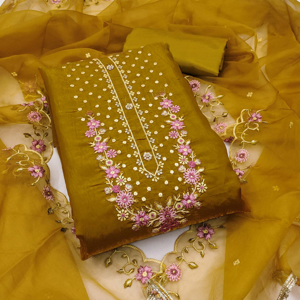 Dark Mustard Dress Material In Viscose With Intricate Floral Sequins Embroidery & Handwork