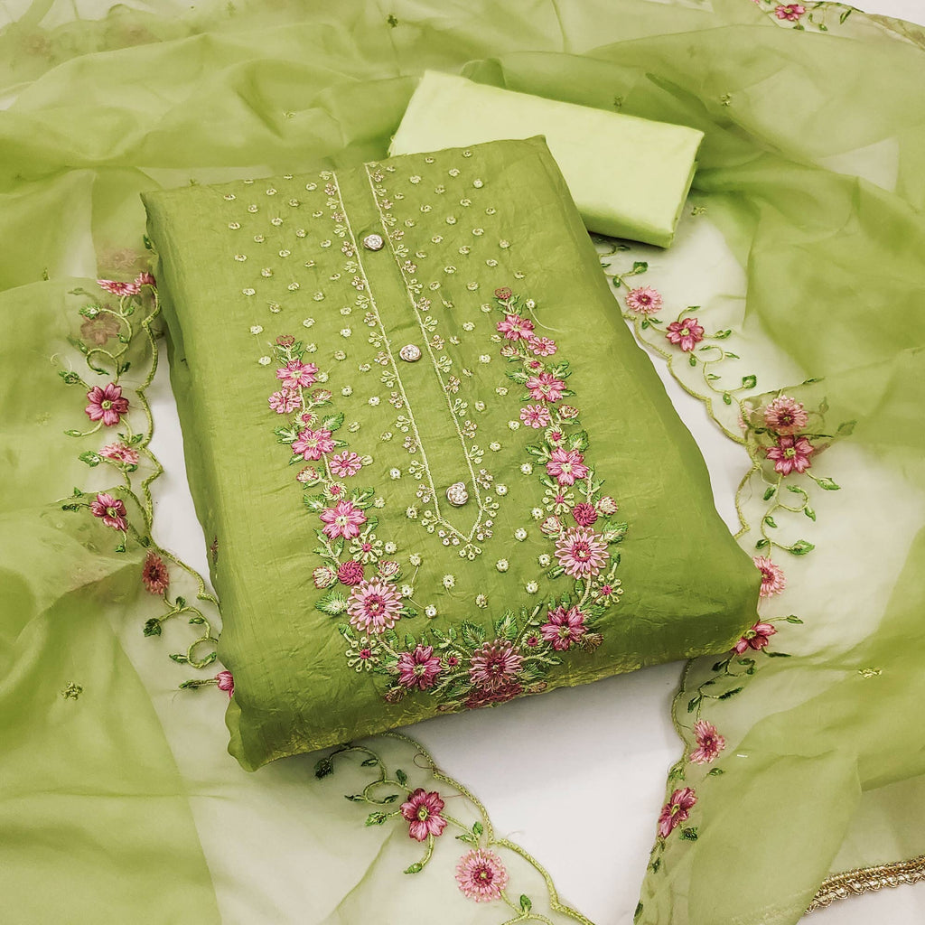 Green Dress Material In Viscose With Intricate Floral Sequins Embroidery & Handwork