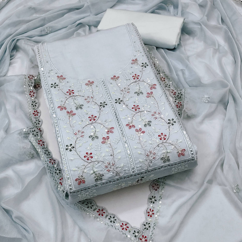 Grey Floral Embroidered Cotton Silk Dress Material With Glimmering Floral Sequins Work
