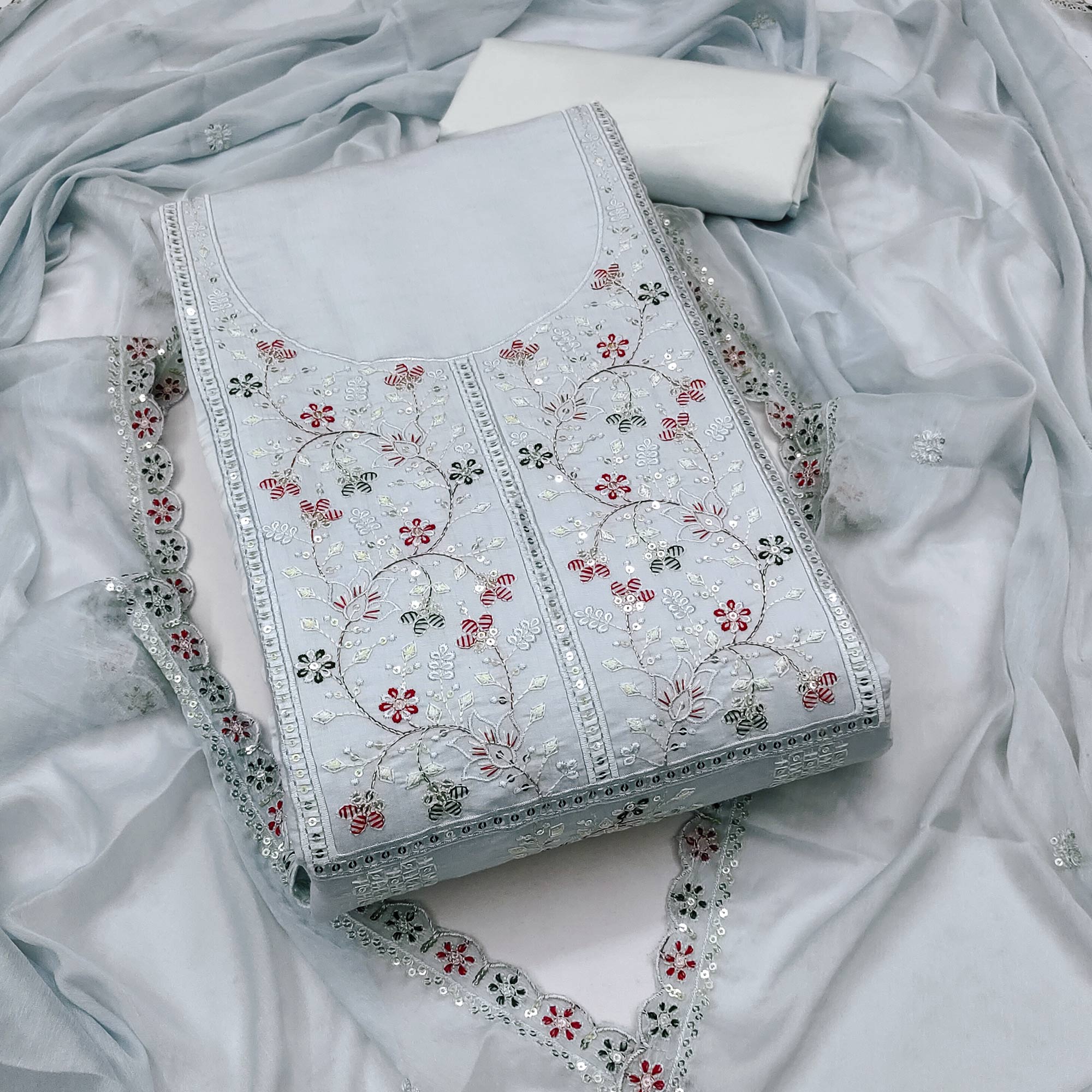 Grey Floral Embroidered Cotton Silk Dress Material With Glimmering Floral Sequins Work