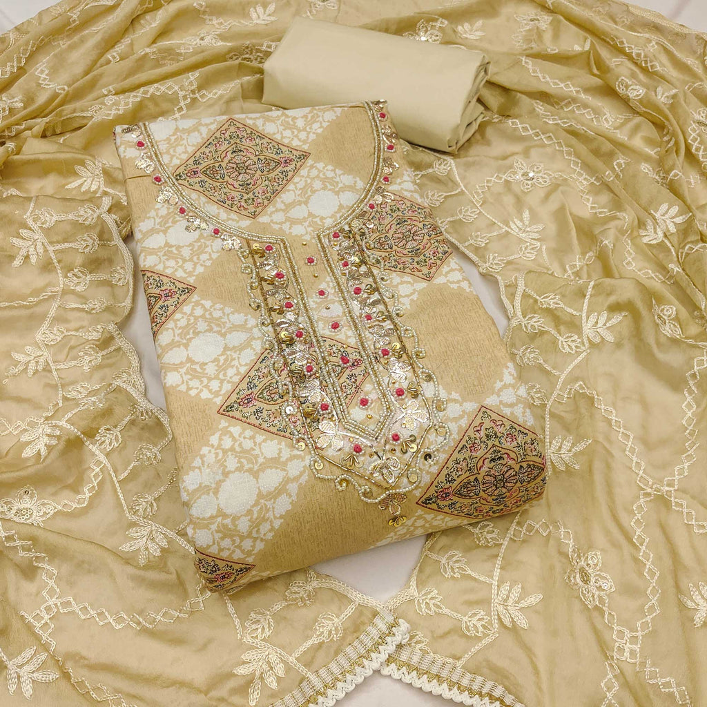 Beige Floral Printed Green Pure Cotton Dress Material With Moti & Gota Patti Handwork Embellishment