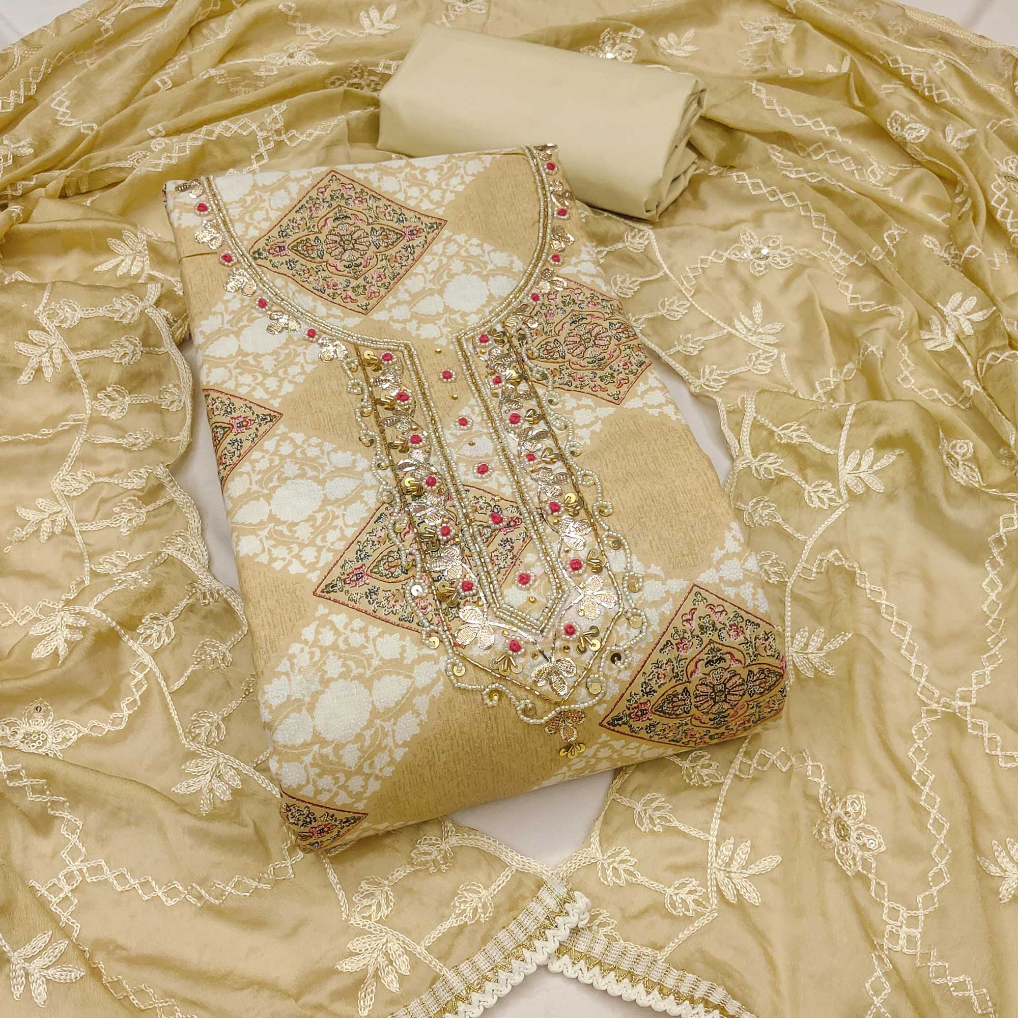 Beige Floral Printed Green Pure Cotton Dress Material With Moti & Gota Patti Handwork Embellishment