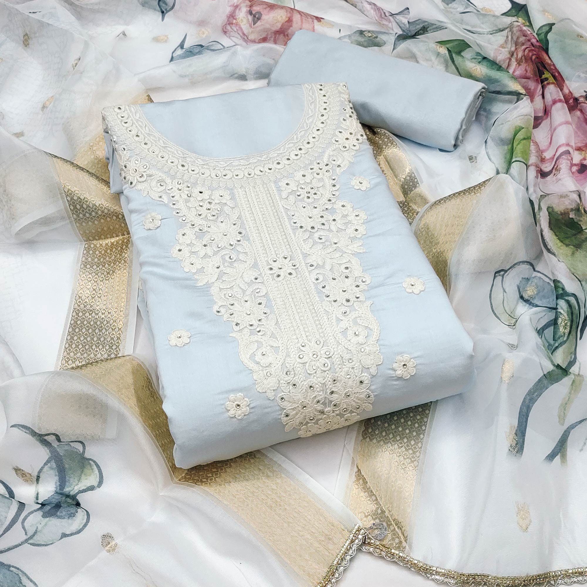 Light Bluish Grey Thread Embroidered Cotton Silk Dress Material With Floral Motifs & Stone Work