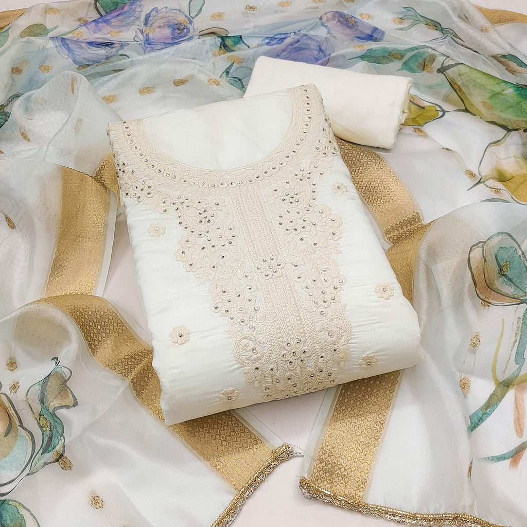 Offwhite Thread Embroidered Cotton Silk Dress Material With Floral Motifs & Stone Work