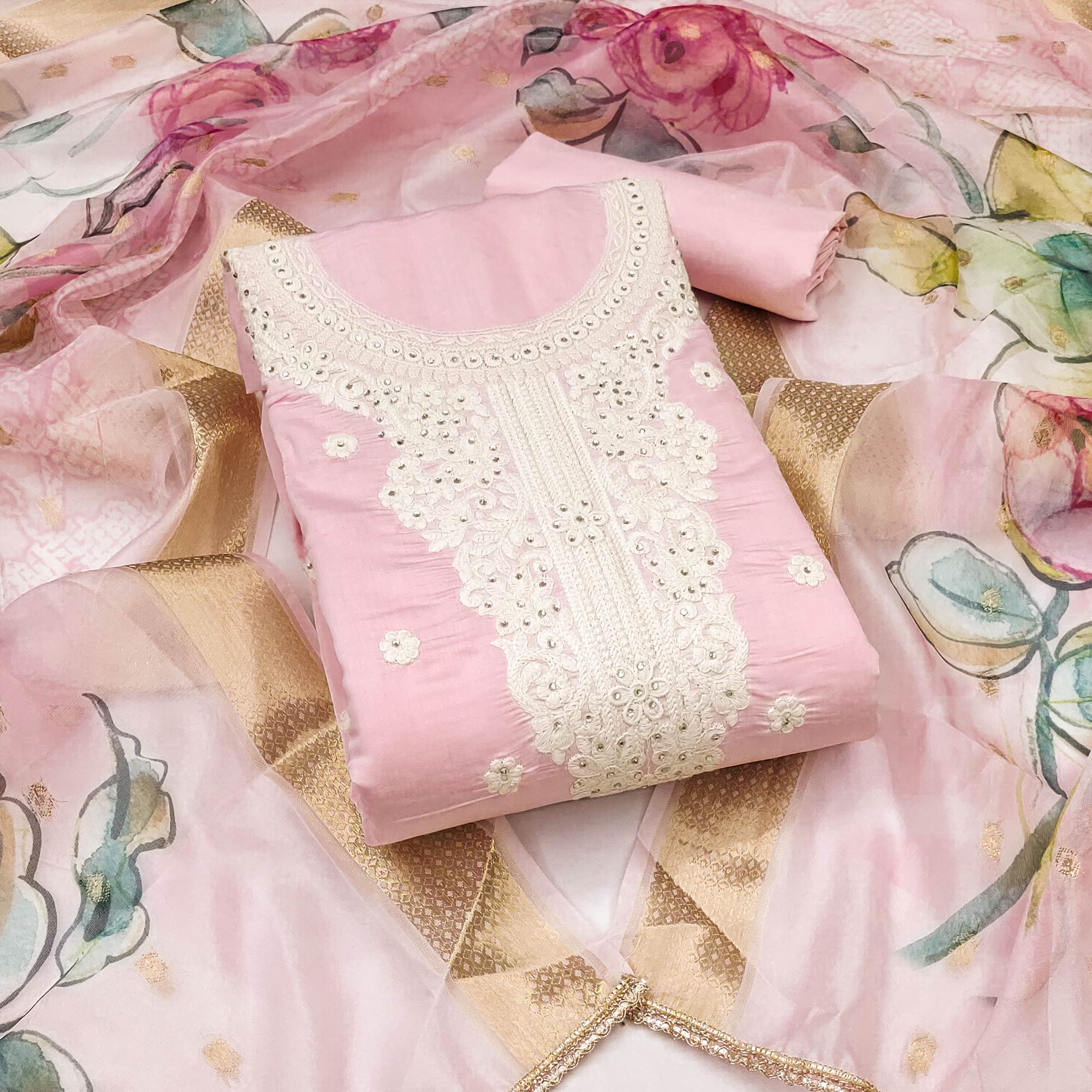 Pink Thread Embroidered Cotton Silk Dress Material With Floral Motifs & Stone Work