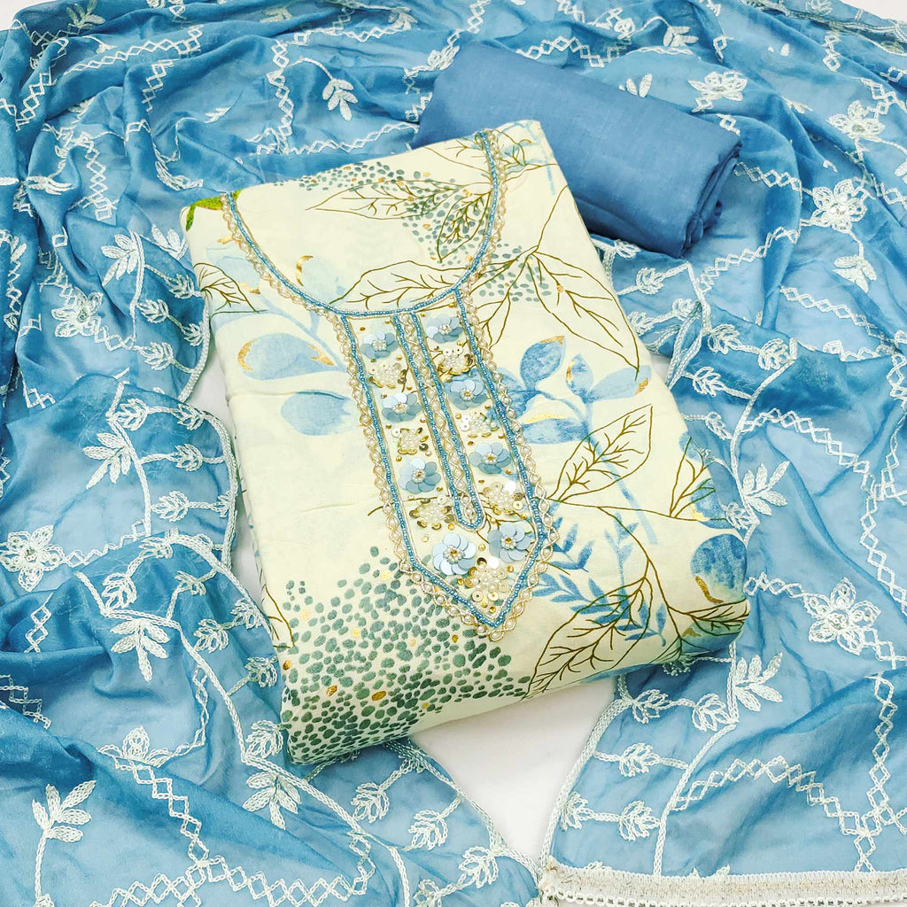 Cream & Blue Floral Printed Pure Cotton Dress Material With Intricate Moti & Stones work