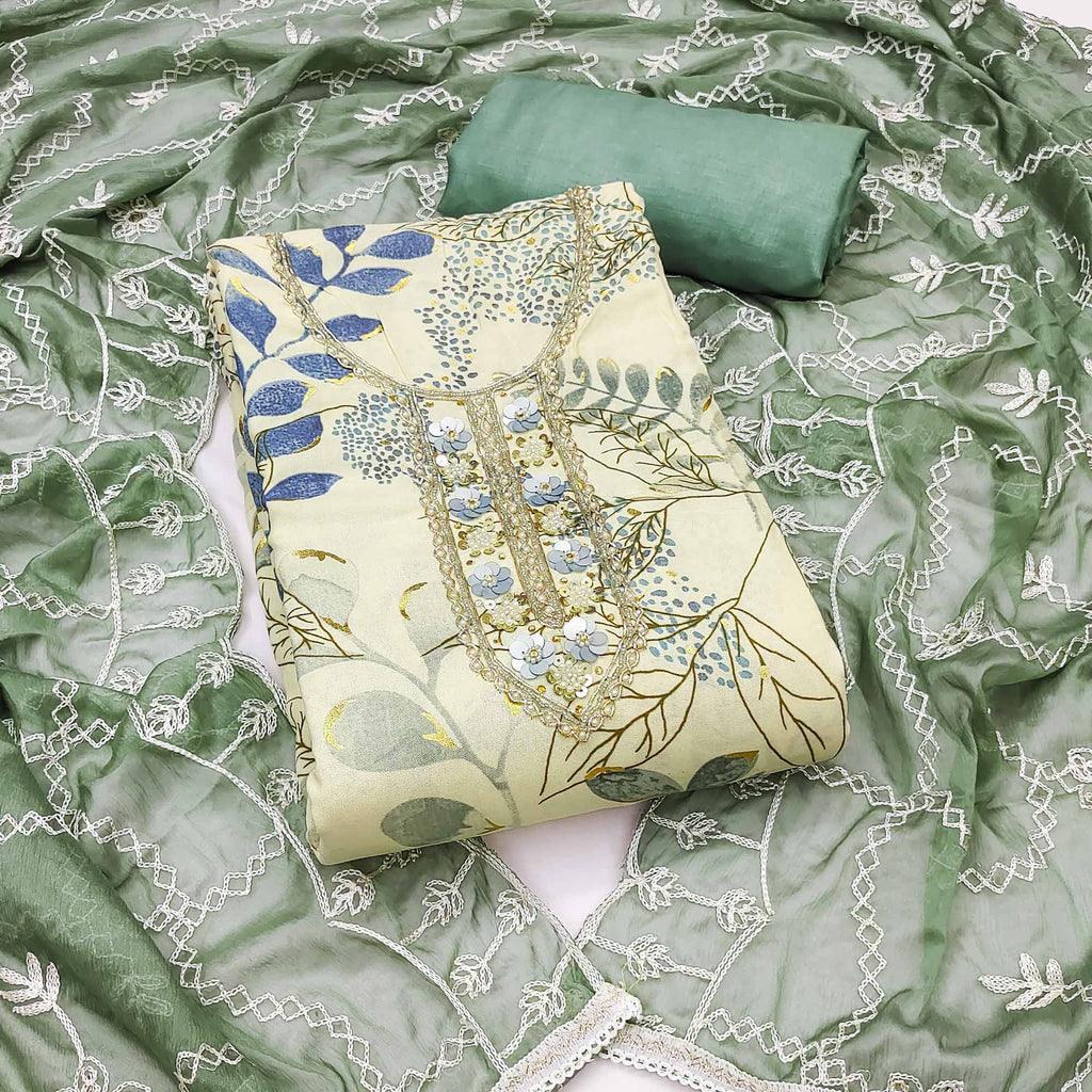 Cream & Green Floral Printed Pure Cotton Dress Material With Intricate Moti & Stones work