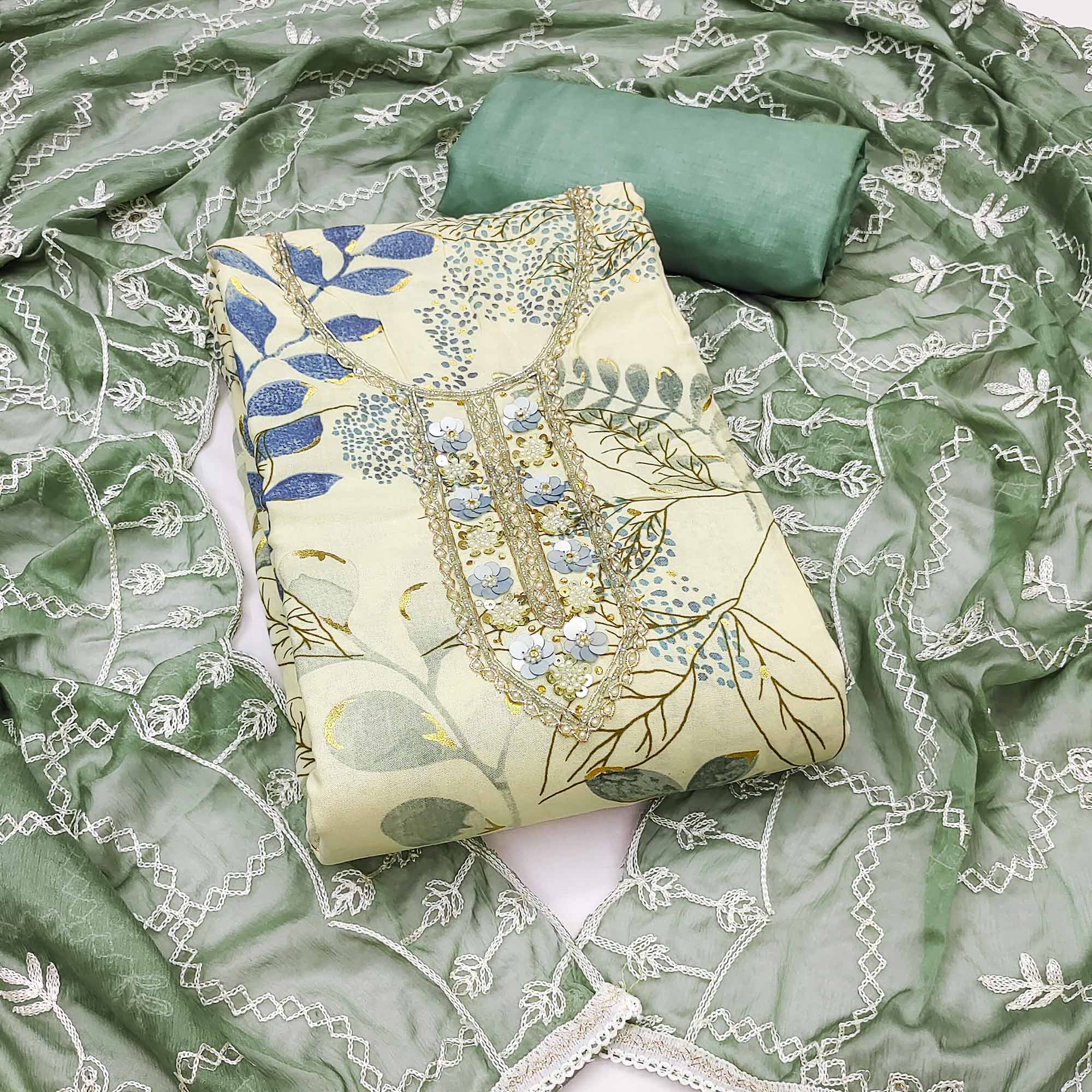 Cream & Green Floral Printed Pure Cotton Dress Material With Intricate Moti & Stones work