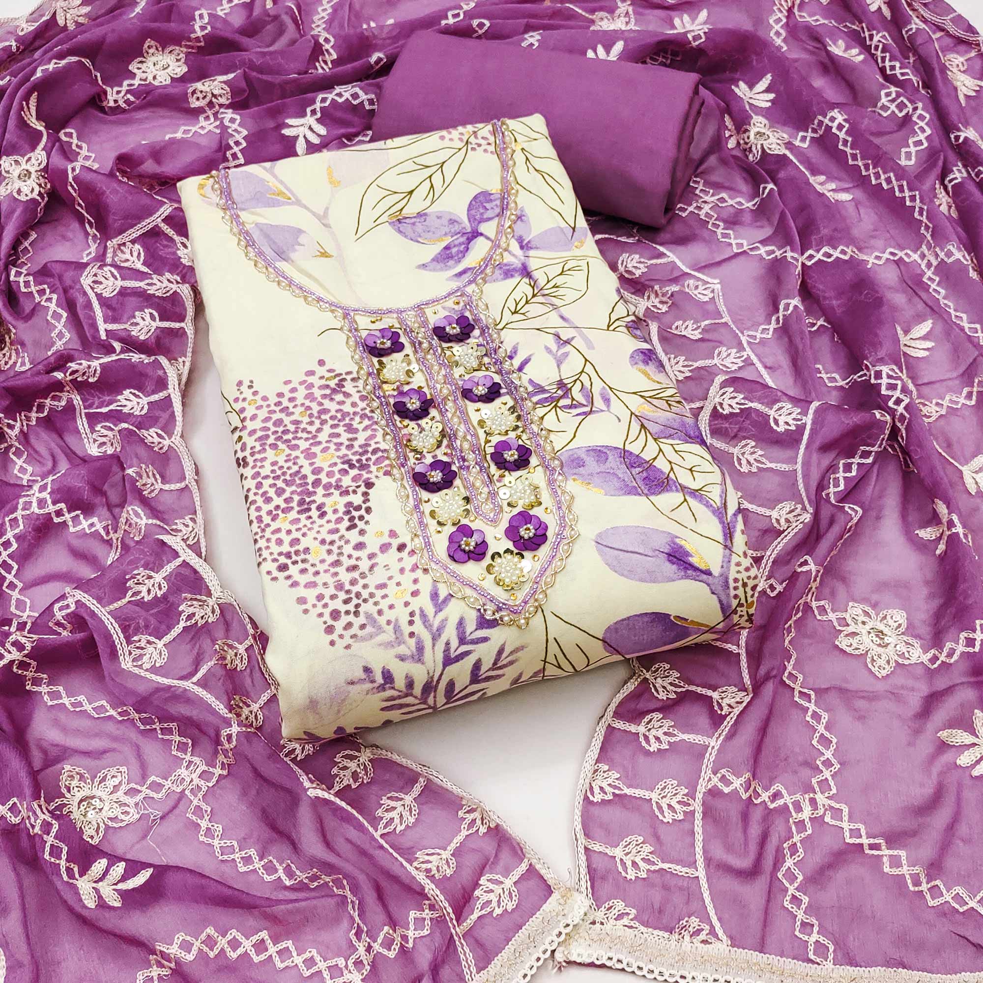 Cream & Purple Floral Printed Pure Cotton Dress Material With Intricate Moti & Stones work