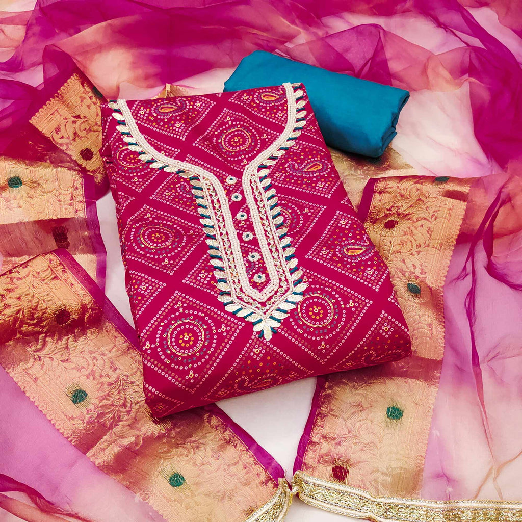 Pink Bandhani Printed Cambric Cotton Dress Material With Intricate Moti & Gota Patti Handwork