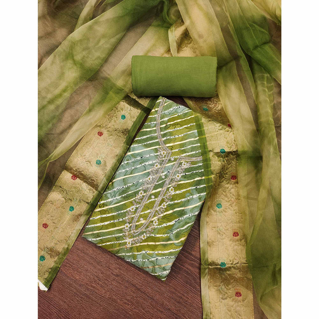 Green Printed With Intricate Moti Handwork Jam Cotton Dress Material