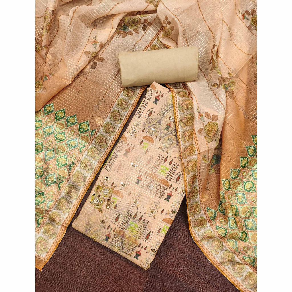 Mustard Digital Printed Viscose Cotton Dress Material With Intricate Moti & Sequins Handwork