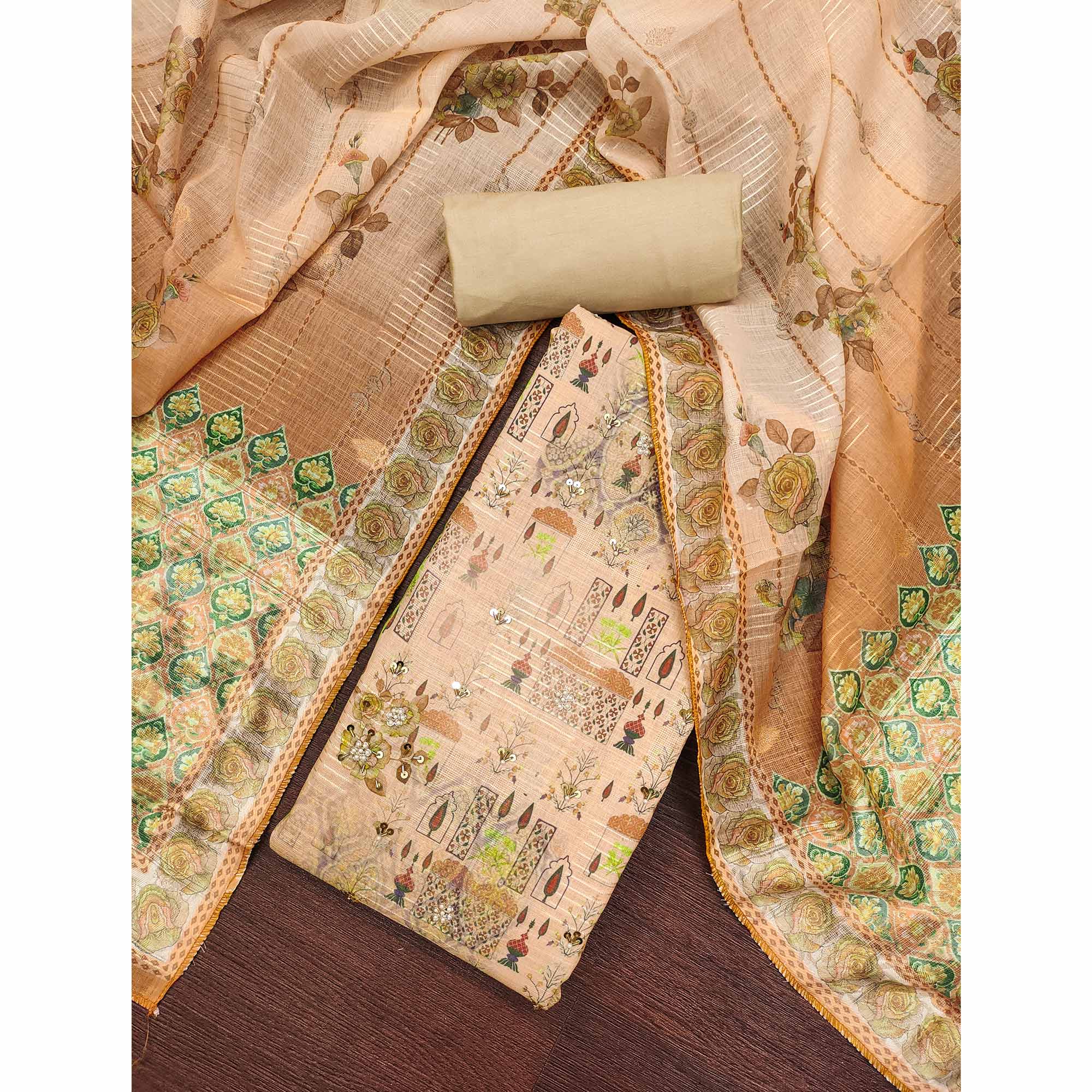 Mustard Digital Printed Viscose Cotton Dress Material With Intricate Moti & Sequins Handwork