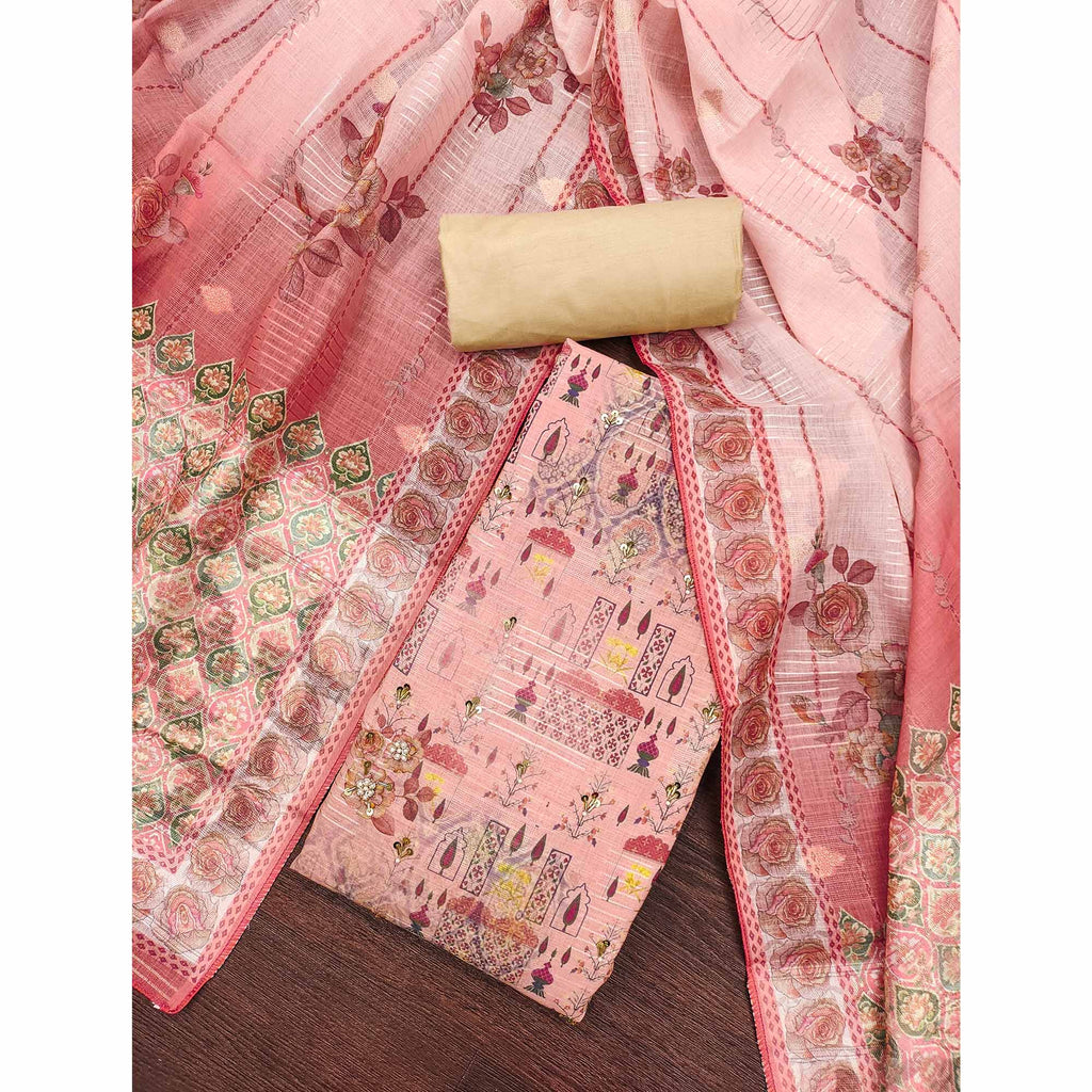 Peach Digital Printed Viscose Cotton Dress Material With Intricate Moti & Sequins Handwork