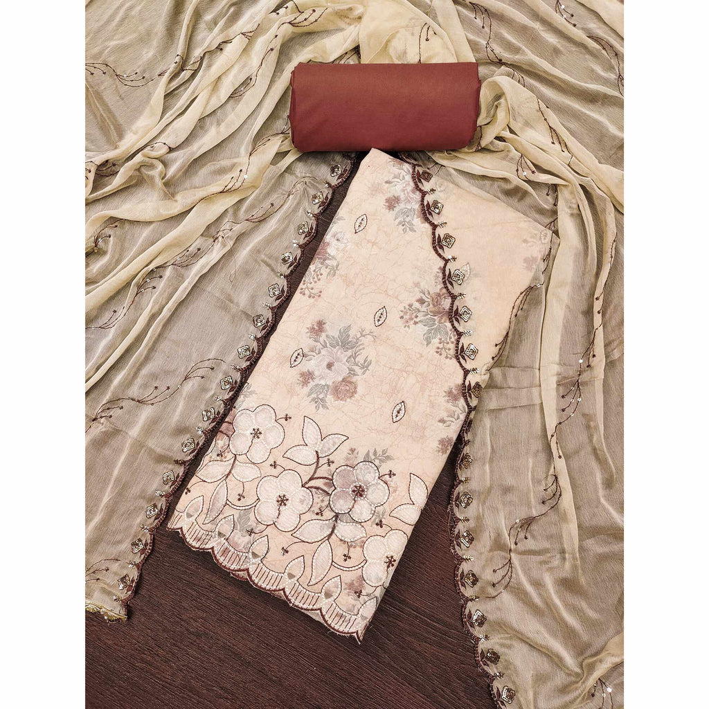 Cream Floral Cambric Cotton Dress Material With Elegant Embroidery Work