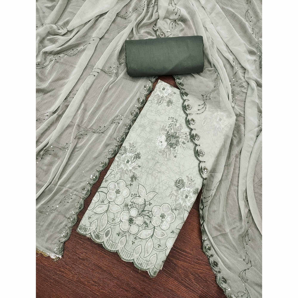 Green Floral Cambric Cotton Dress Material With Elegant Embroidery Work