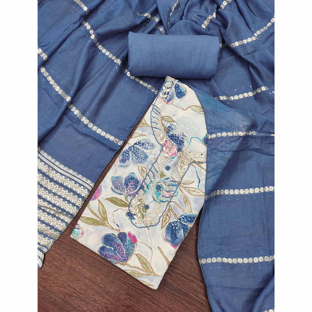 Blue In Jam Cotton with Floral Print & Intricate Moti Handwork Dress Material