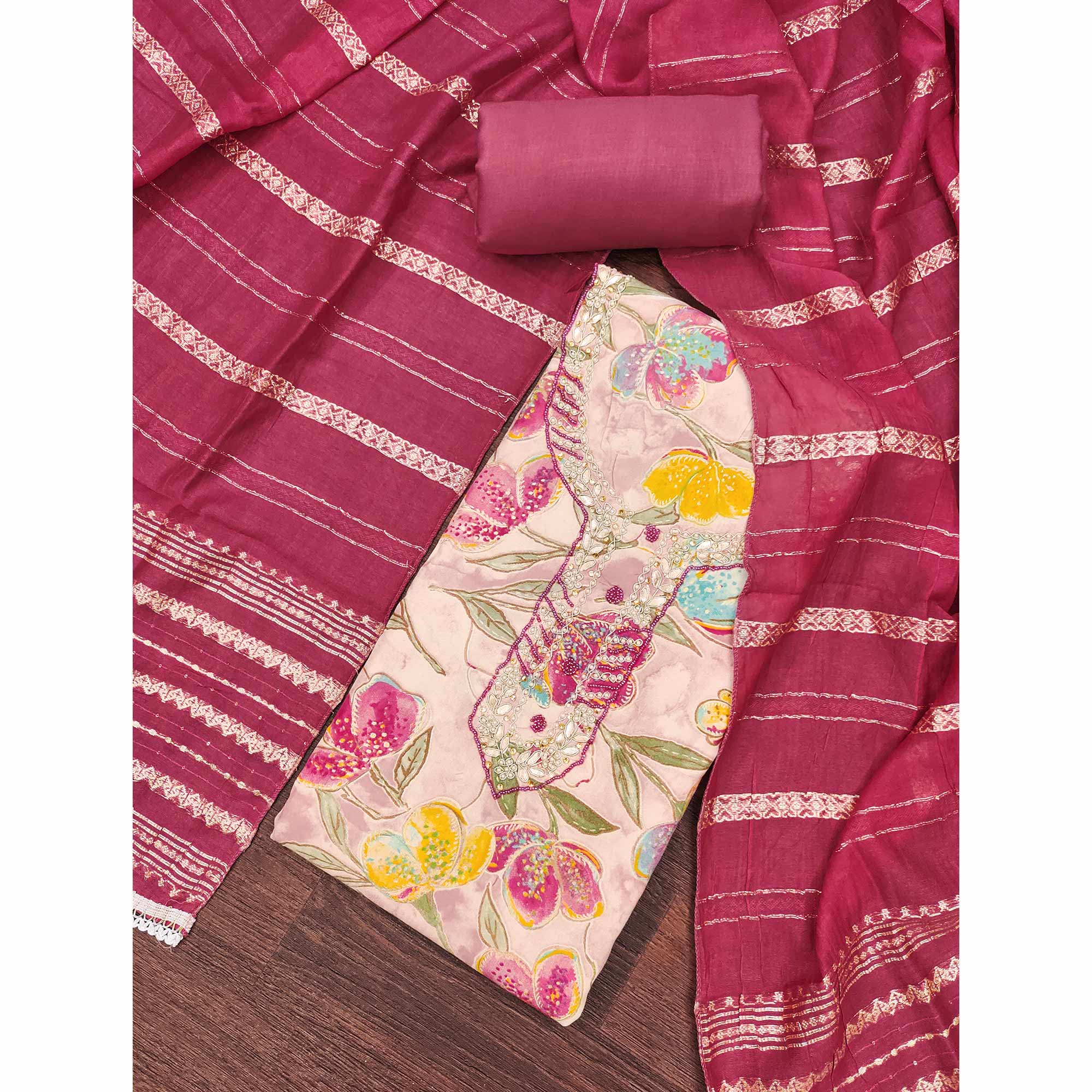 Pink In Jam Cotton with Floral Print & Intricate Moti Handwork Dress Material