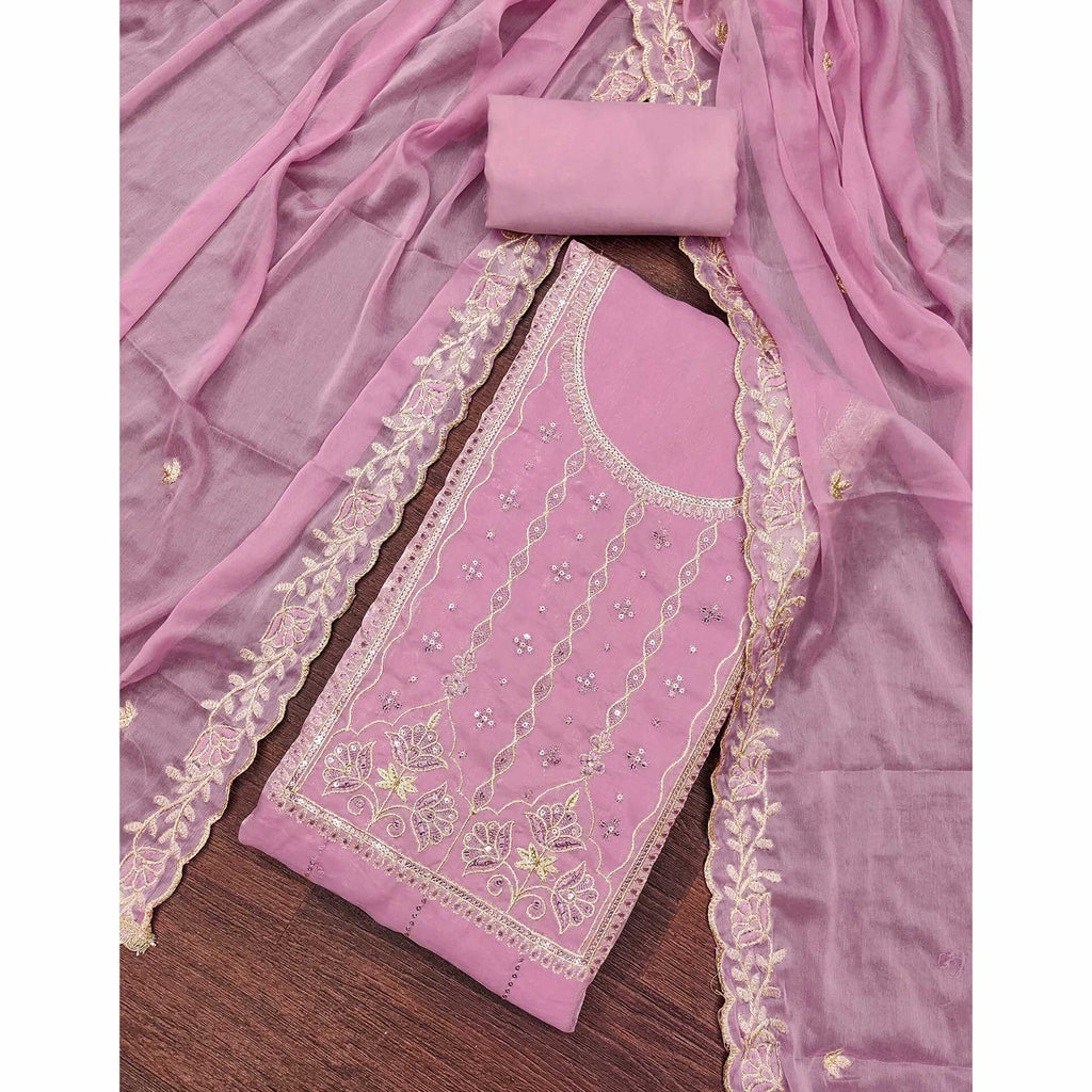 Light Purple Floral Elegance With Sequins Embroidery On Viscose Satin Dress Material