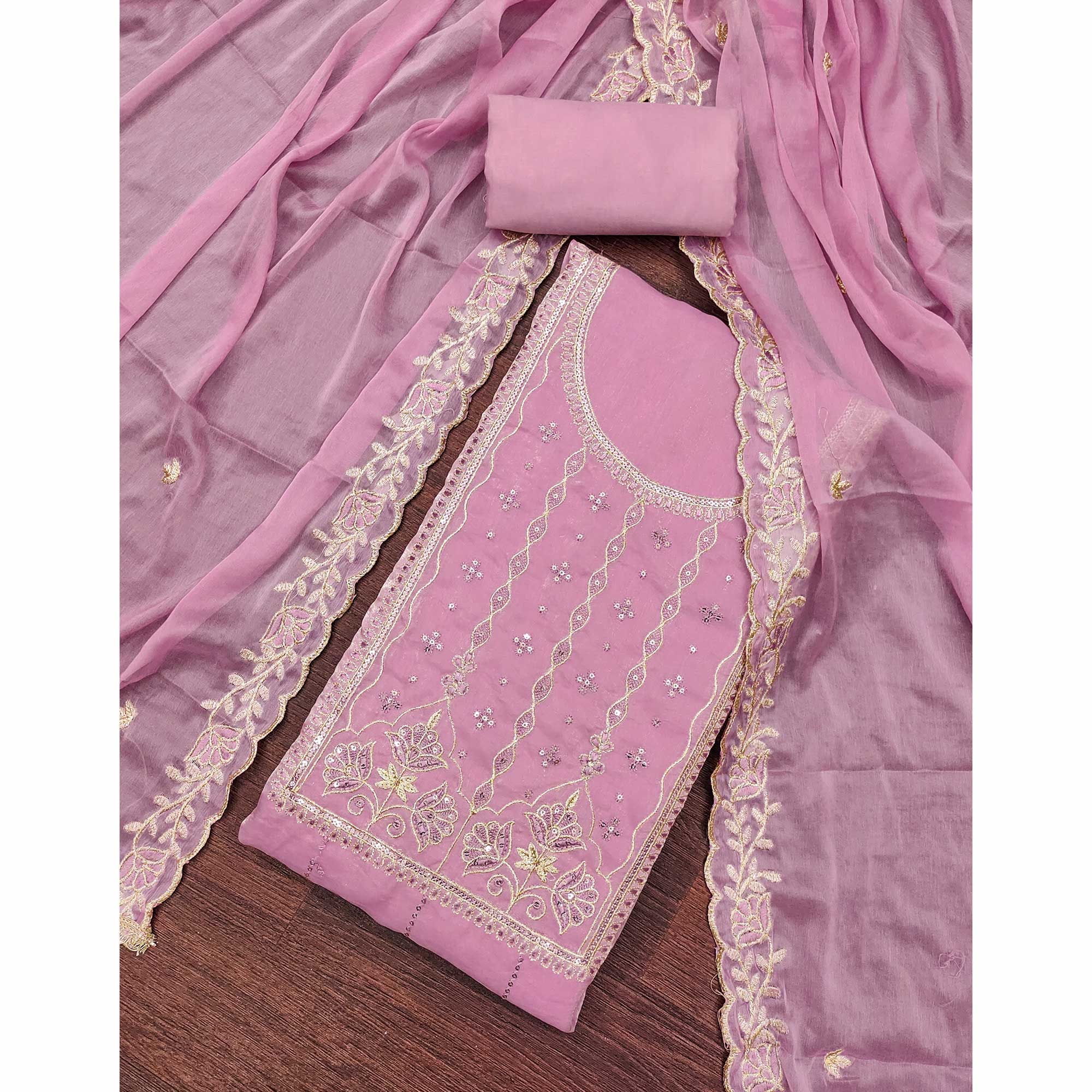 Light Purple Floral Elegance With Sequins Embroidery On Viscose Satin Dress Material