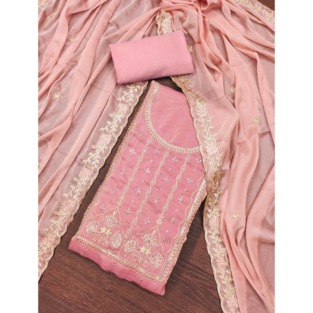 Peach Floral Elegance With Sequins Embroidery On Viscose Satin Dress Material