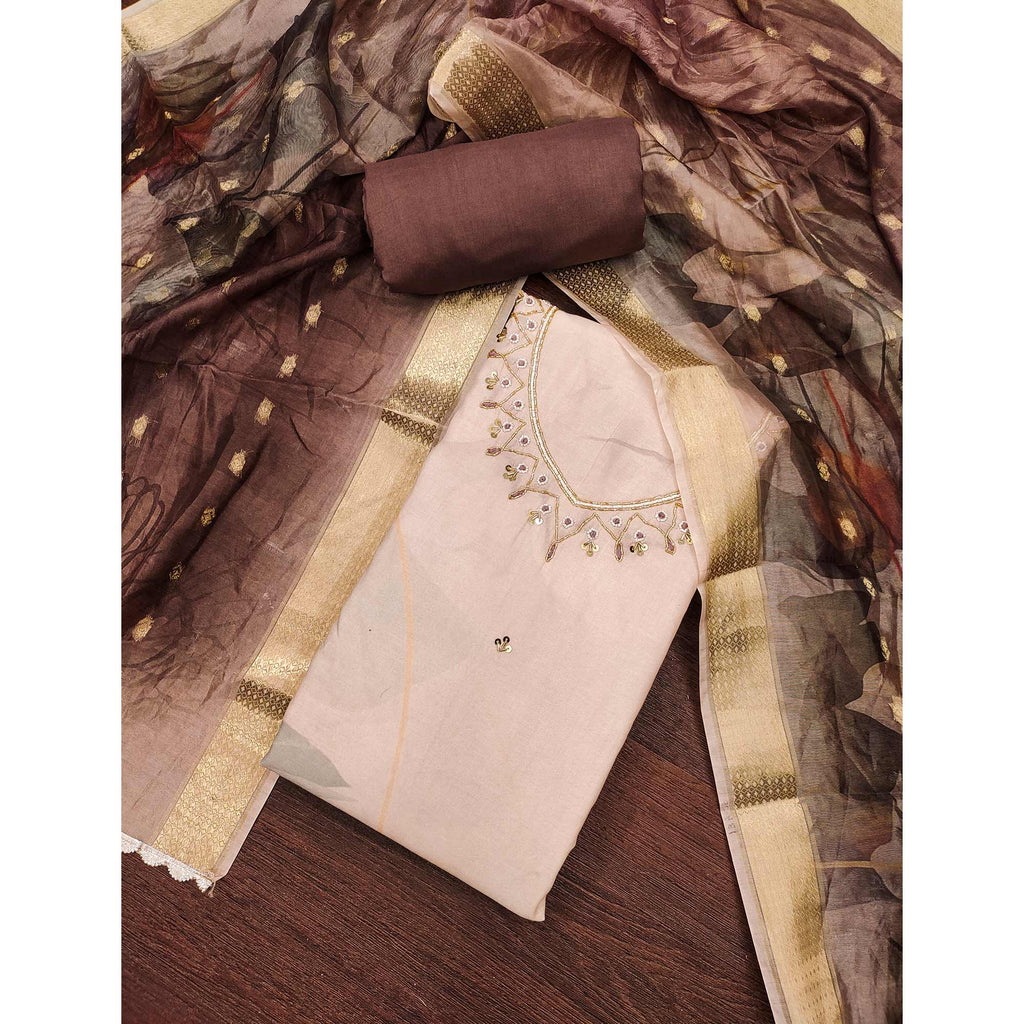 Brown Cambric Cotton Dress Material Adorned With Floral Prints & Hand Moti Embellishment