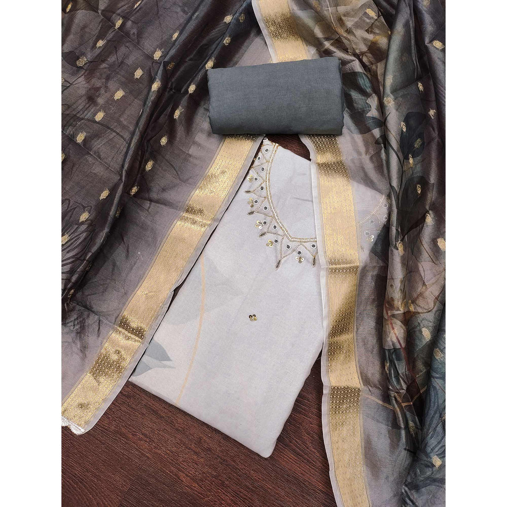 Grey Cambric Cotton Dress Material Adorned With Floral Prints & Hand Moti Embellishment