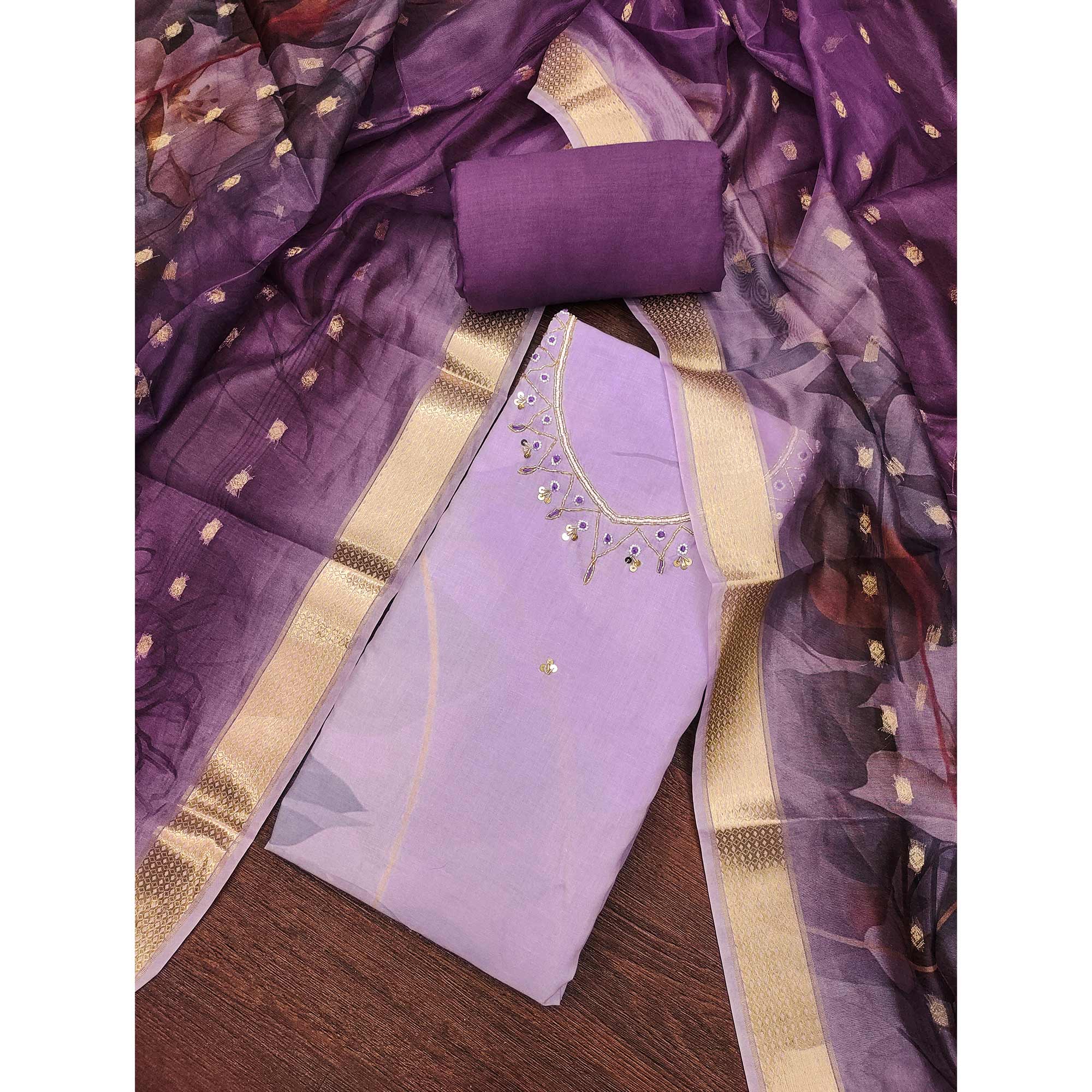 Lavender Cambric Cotton Dress Material Adorned With Floral Prints & Hand Moti Embellishment