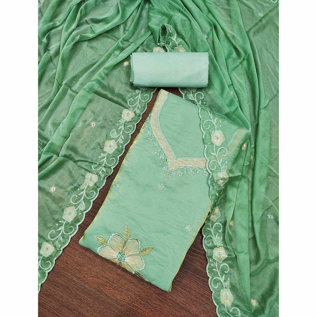 Green Ensemble With Floral Sequins Embroidery Detailing On Satin Viscose Dress Material