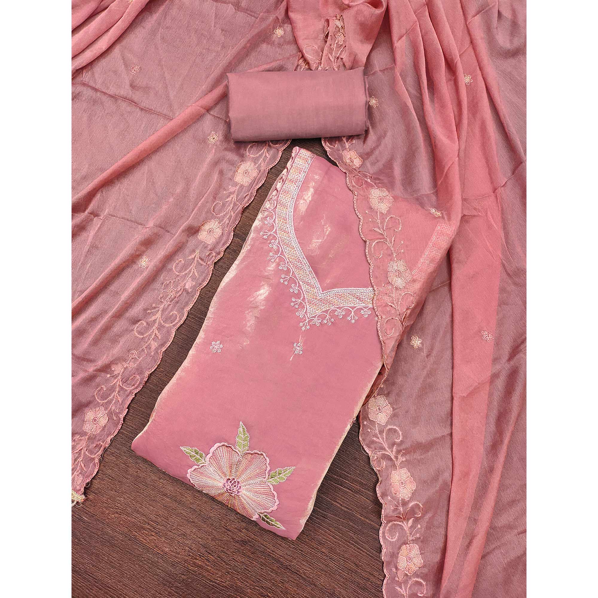 Peach Ensemble With Floral Sequins Embroidery Detailing On Satin Viscose Dress Material