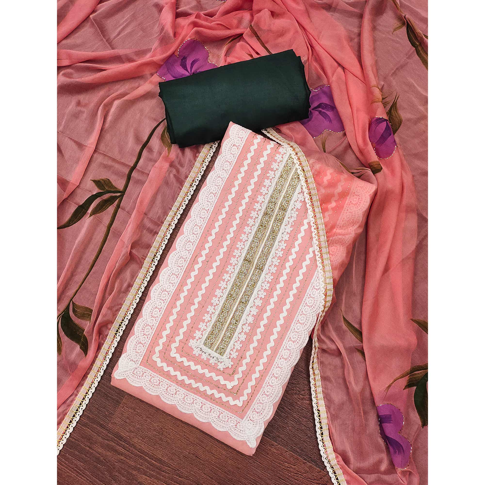 Peach Floral Printed With Intricate Handwork Embroidered Cotton Silk Dress Material