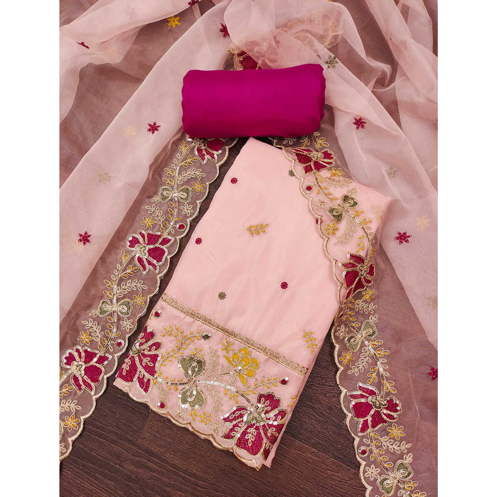 Peach Viscose Organza Dress Material Adorned with Cording & Sequin Embroidery Work