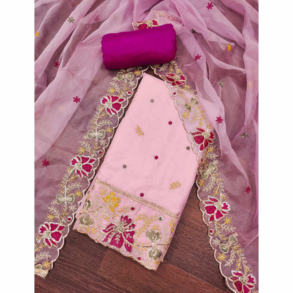 Pink Viscose Organza Dress Material Adorned with Cording & Sequin Embroidery Work