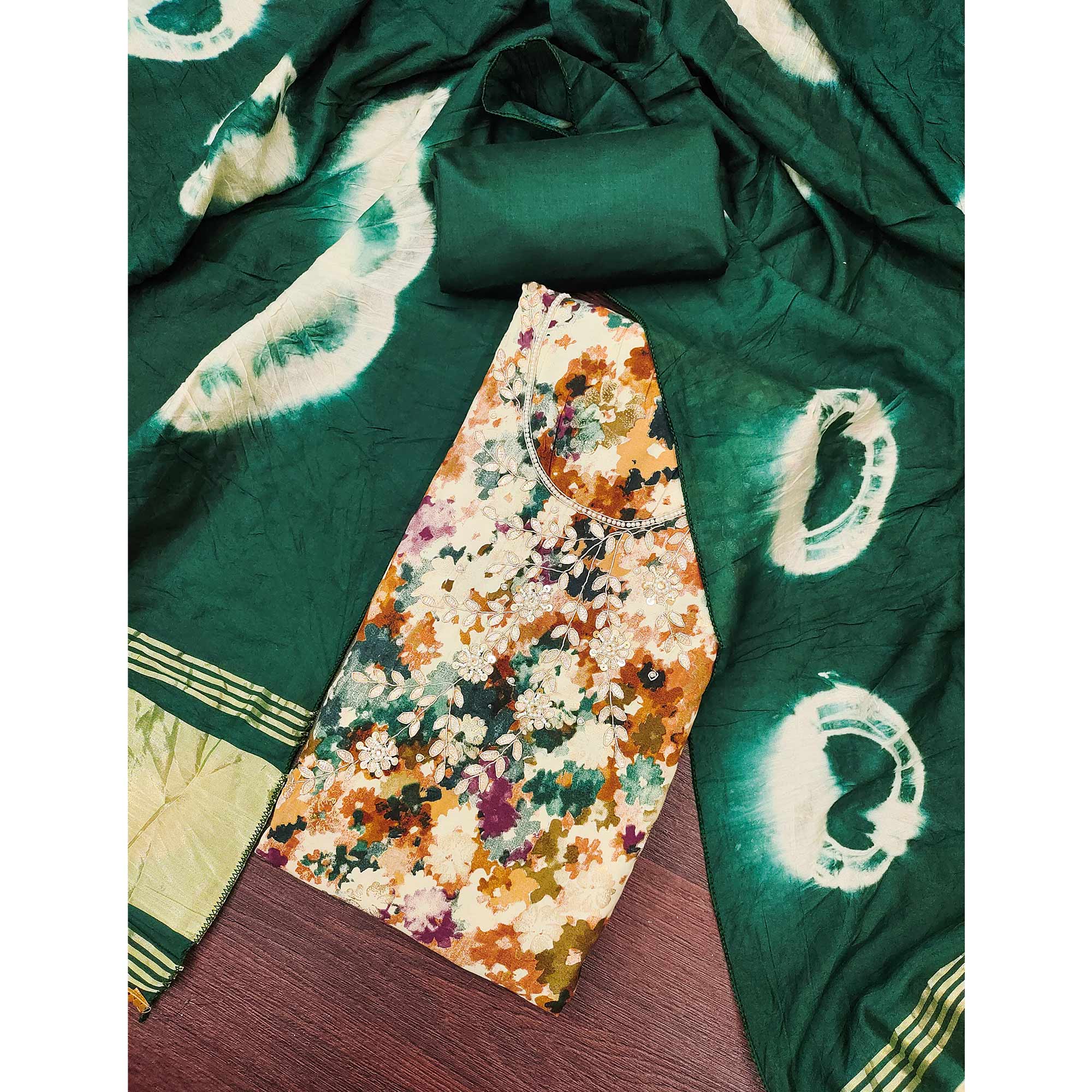 Green Pure Cotton Printed Dress Material Beautified With Moti & Sequins Hand Embellishment